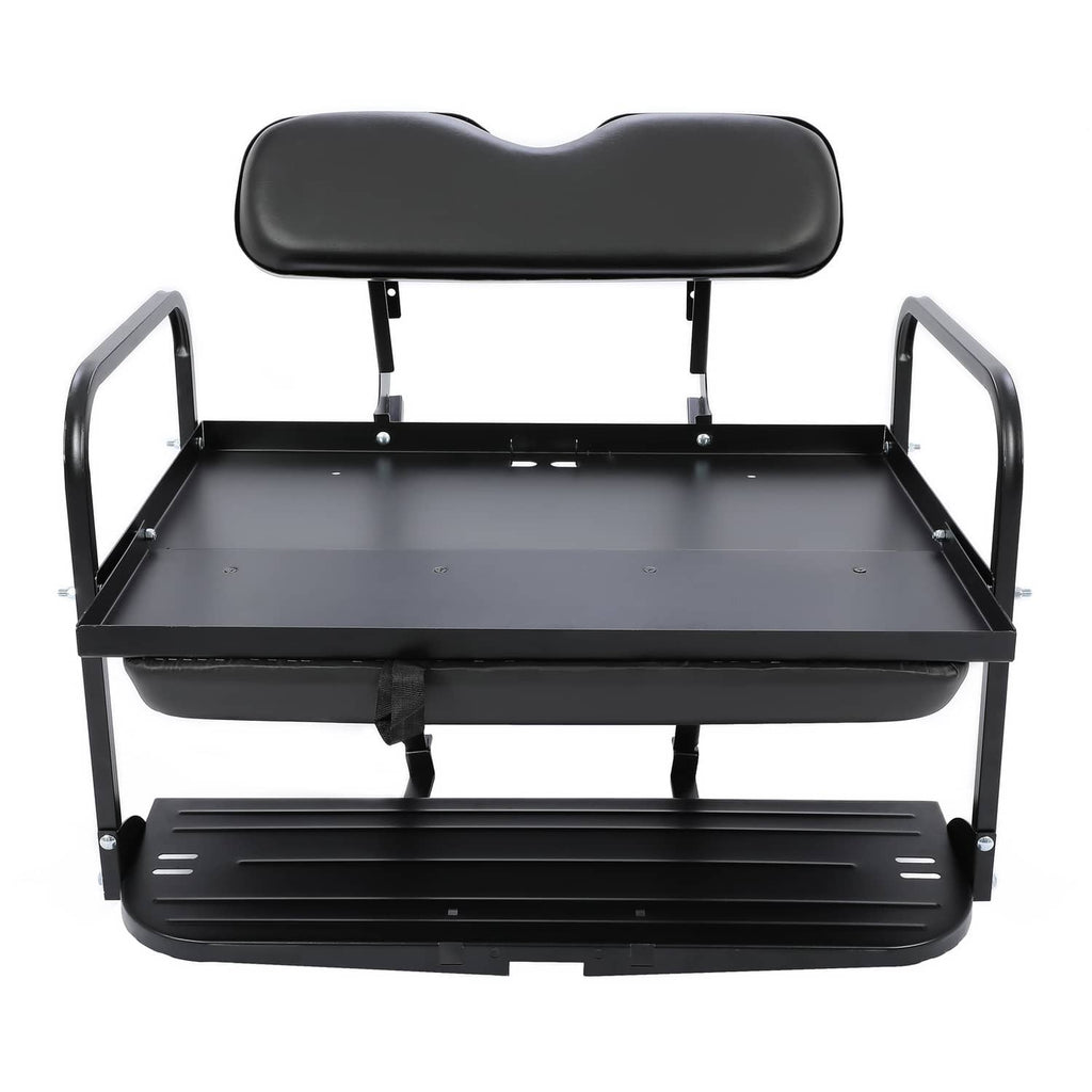 Front view of black rear seat kit with contoured backrest and metal footplate