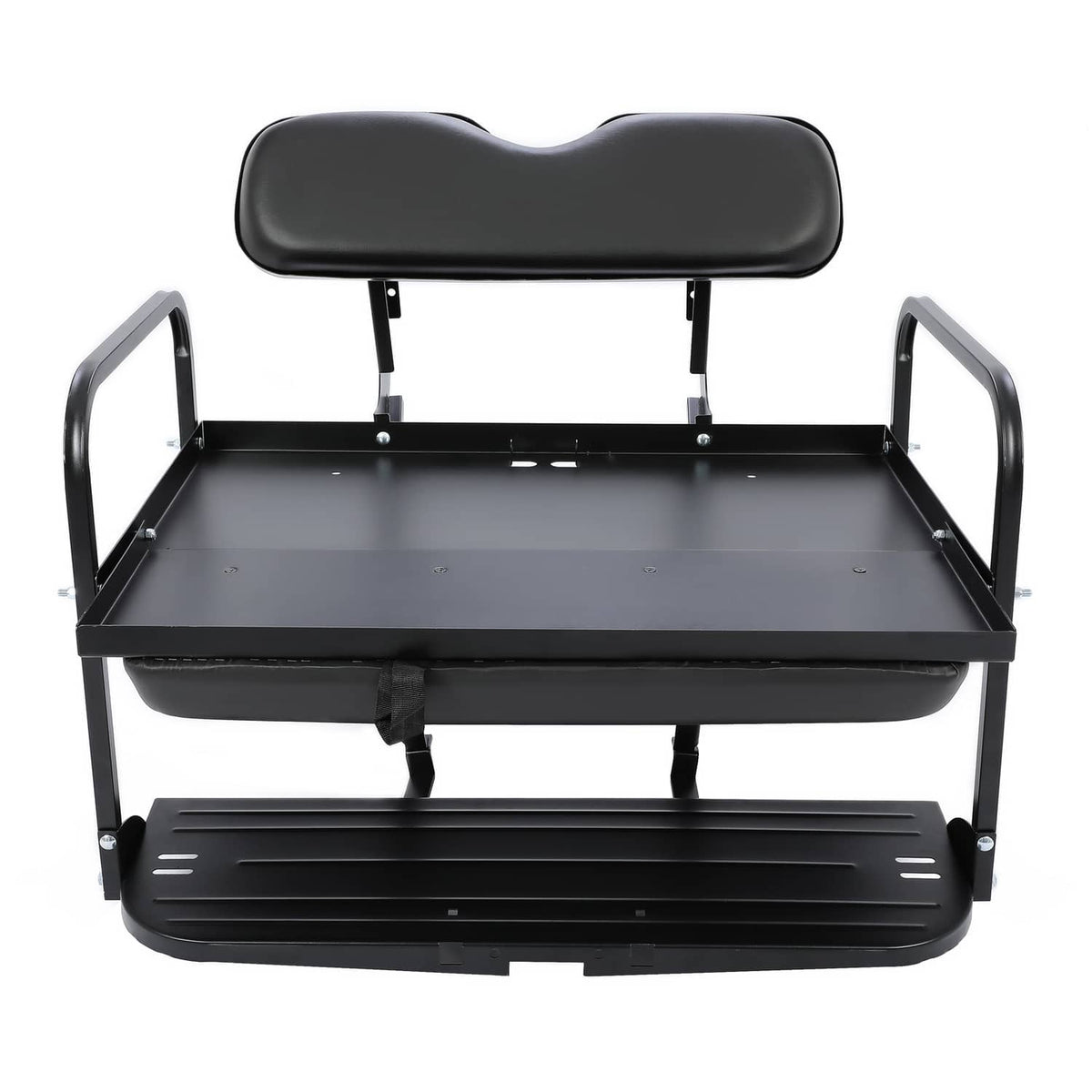 Front view of black rear seat kit with contoured backrest and metal footplate