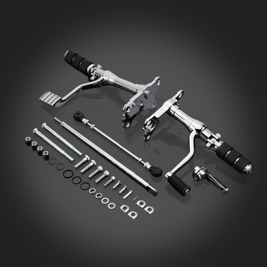 Forward control foot pegs and shifter levers kit, chrome with black rubber pads and rods