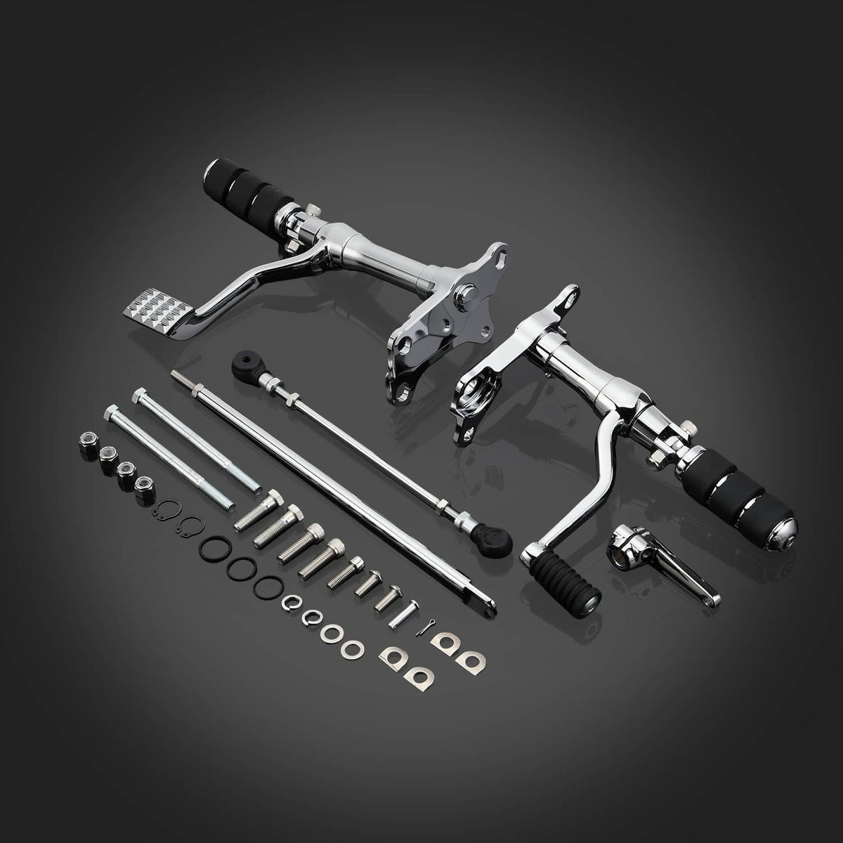 Forward control foot pegs and shifter levers kit, chrome with black rubber pads and rods