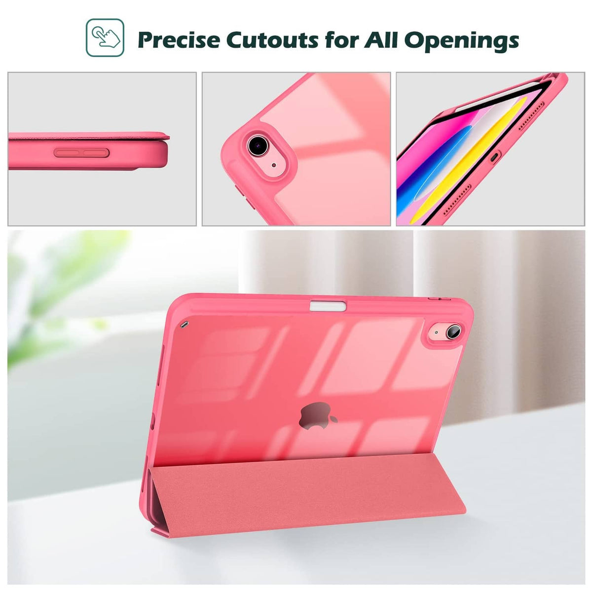 Pink iPad case with precise cutouts and foldable folio stand