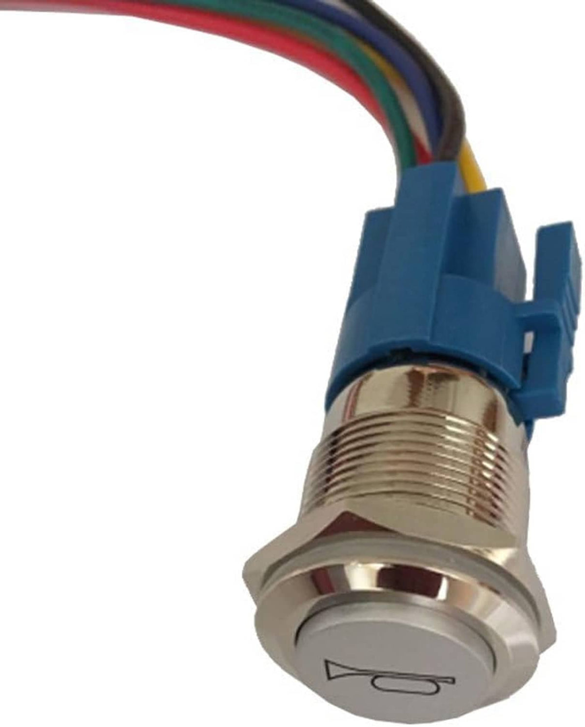 12V car LED horn push button switch side view with blue connector and metal threaded bezel