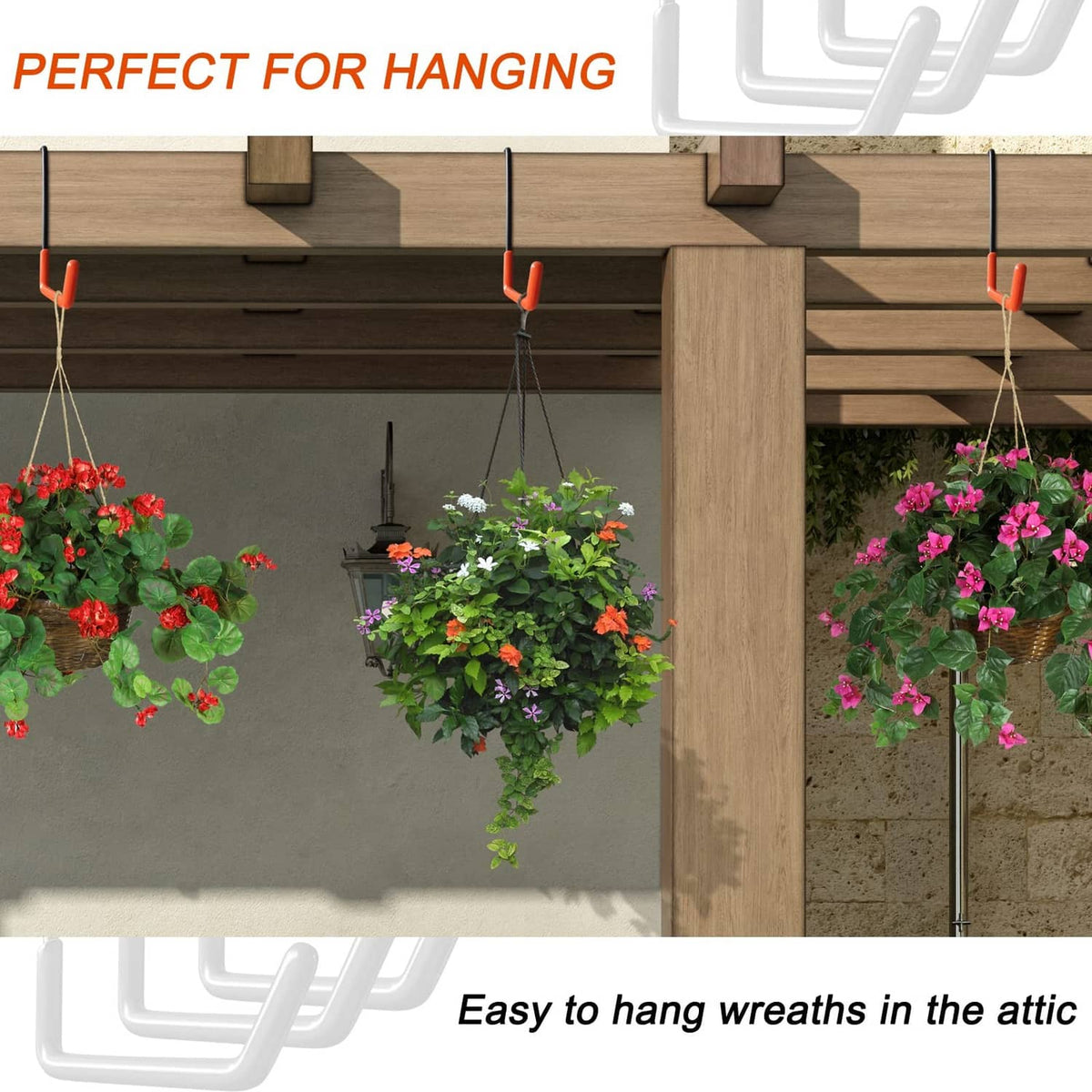 Rafter hooks with orange tips for hanging wreaths from an attic-style beam