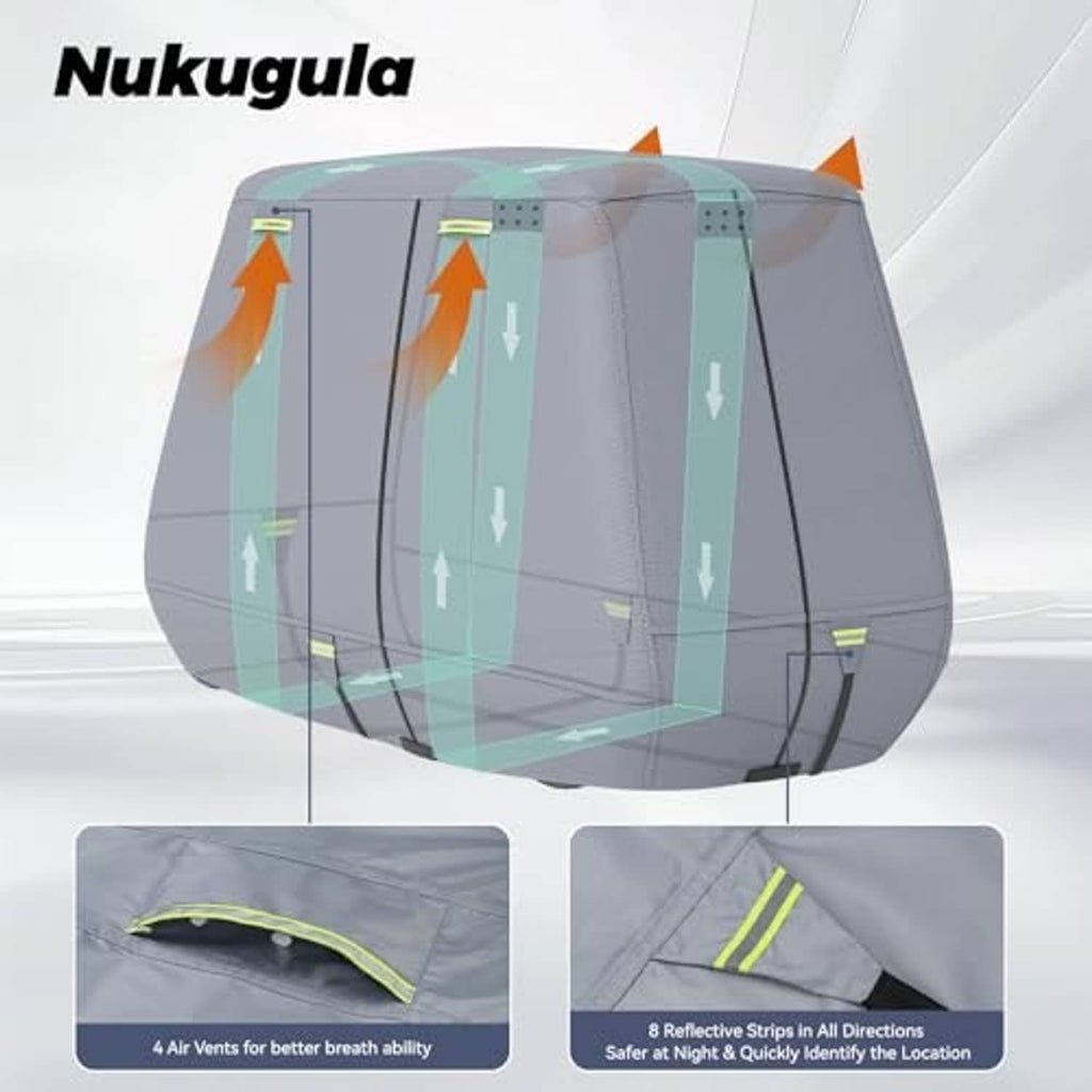 Nukugula gray golf cart cover with air vents and reflective strips for visibility at night