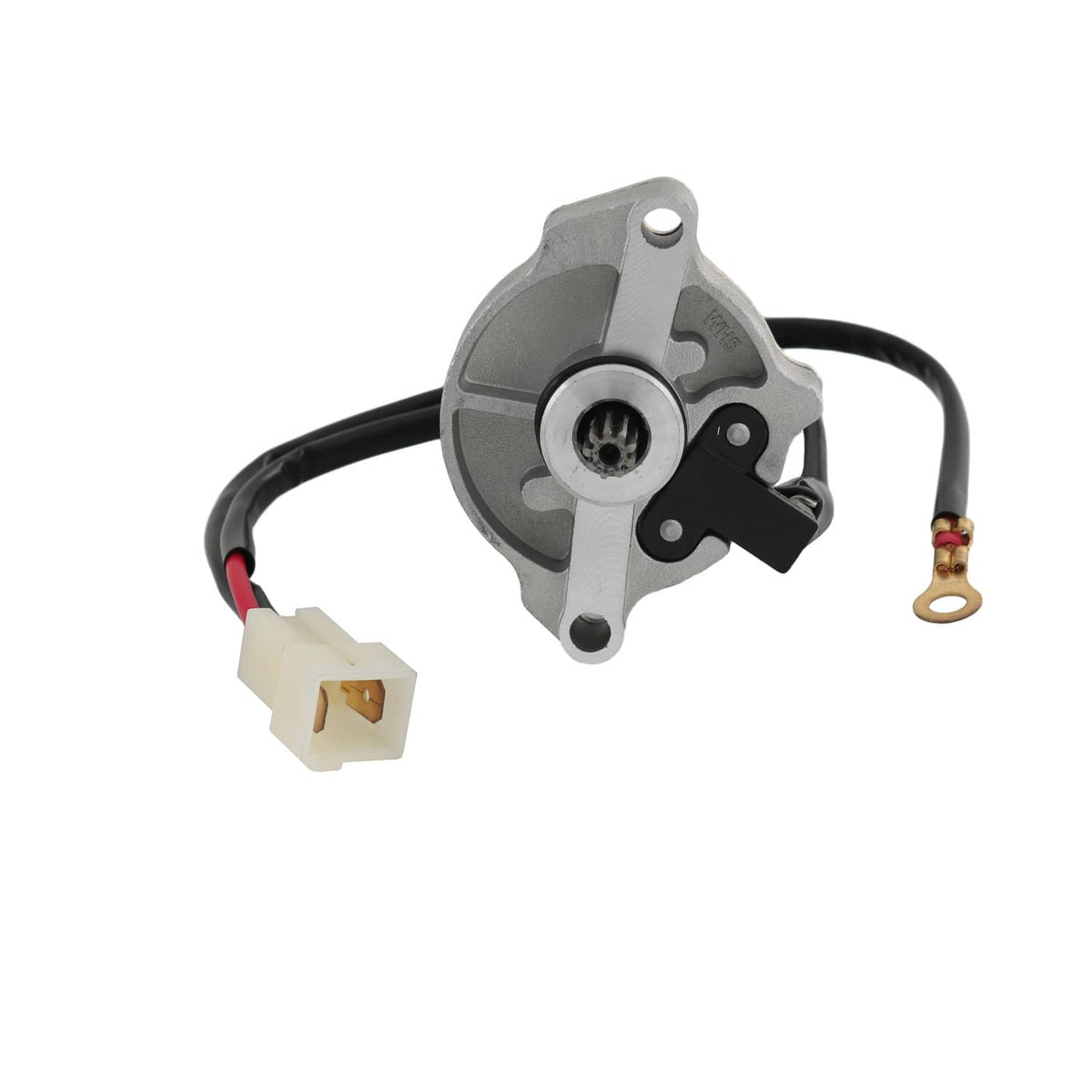 Starter motor with cylindrical body, mounting flange, and white plug connector