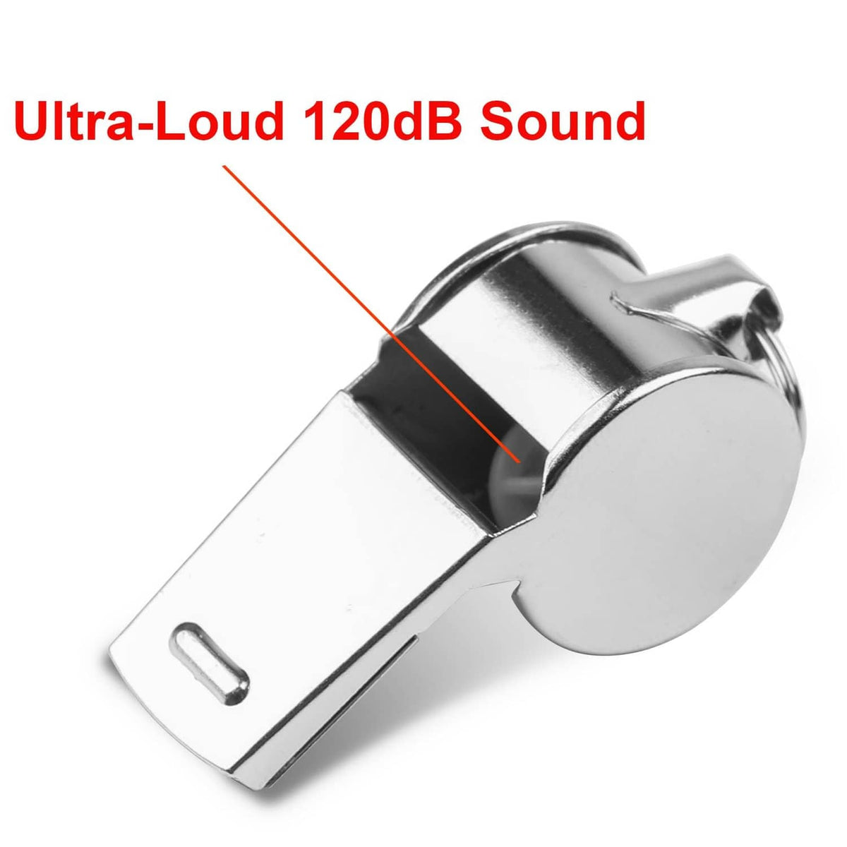 Silver stainless steel loud whistle with black mouthpiece insert