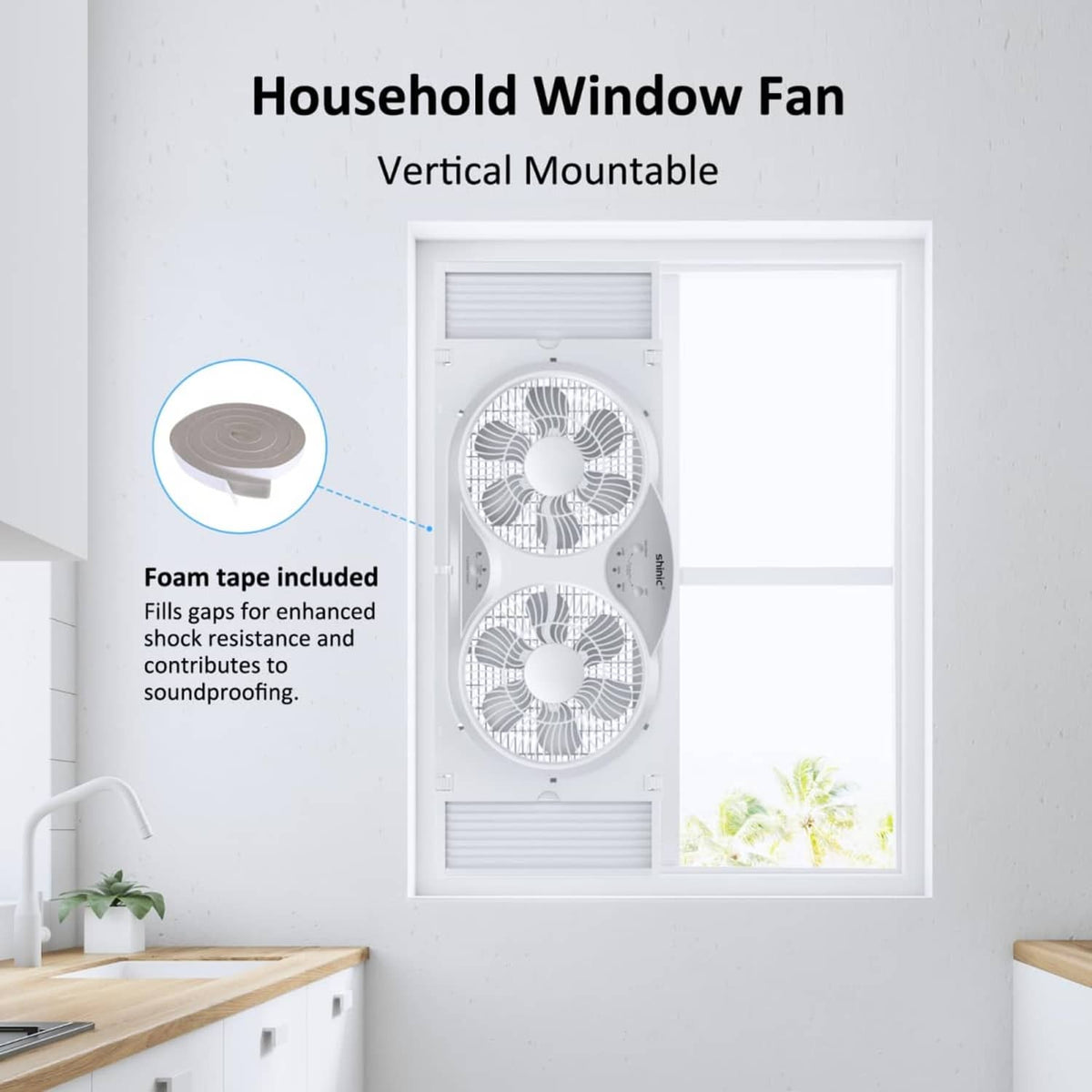 White window fan installed in a window frame with foam tape pad detail