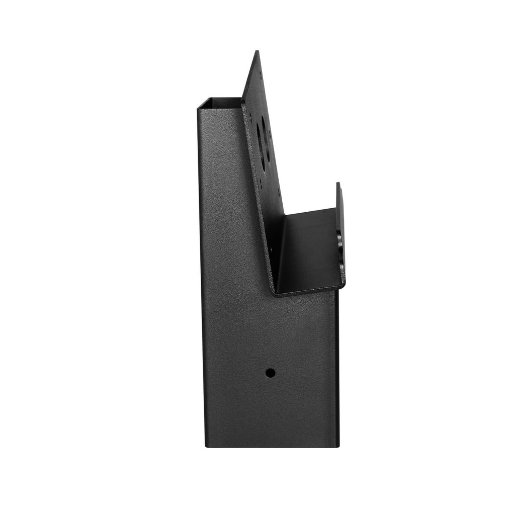 Black metal angle platform bracket shown from side with mounting holes