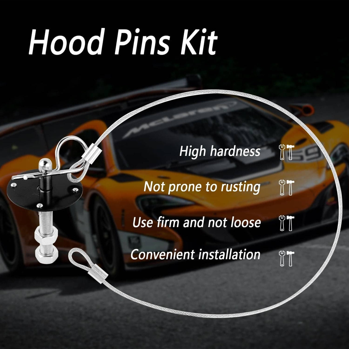 Hood pin kit with two black round plates and stainless steel pins with cable loops