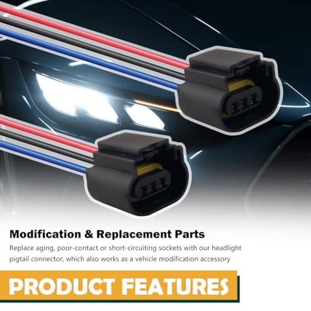 Headlight connector pigtail pair with black plug housings and red/blue wire leads