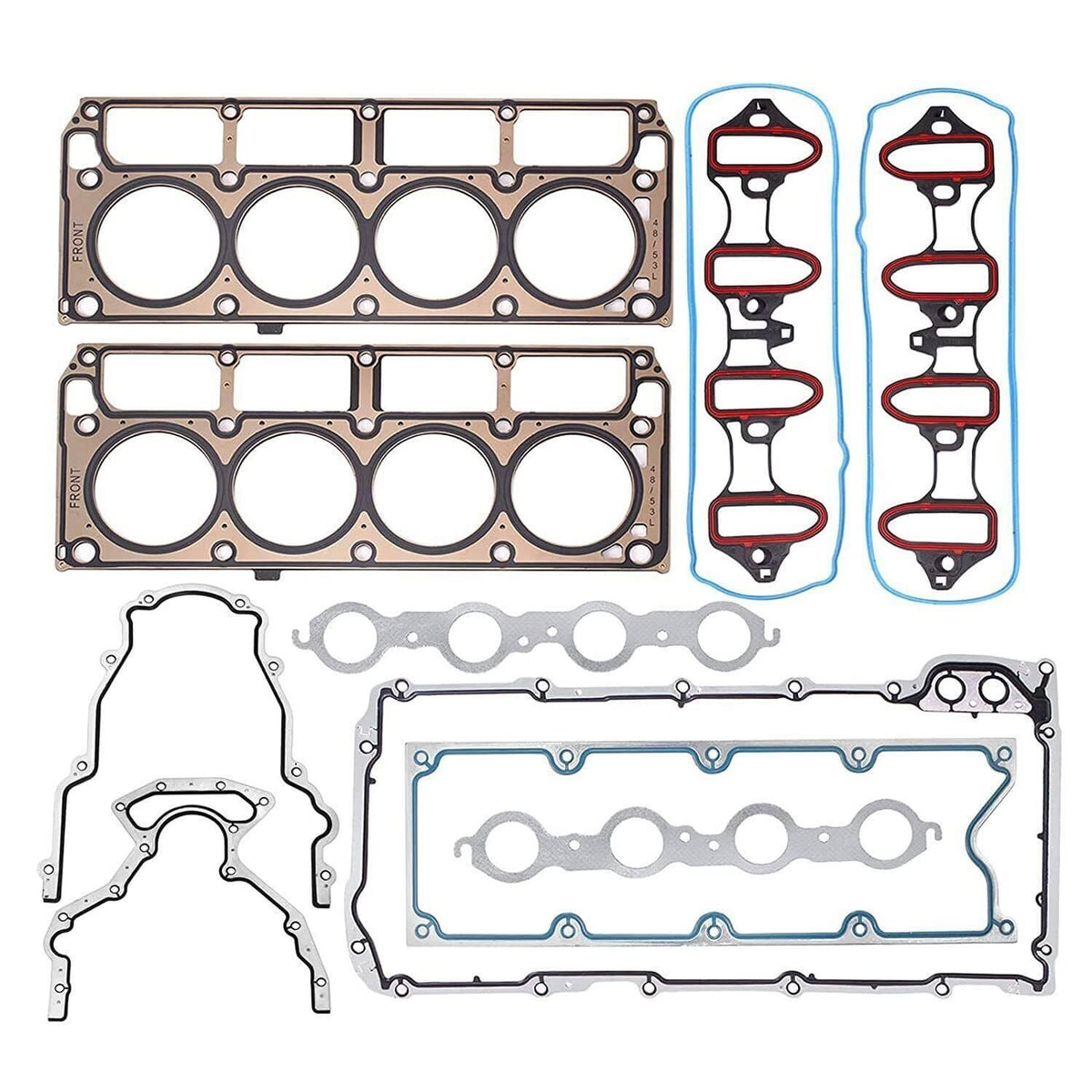 Cylinder head gasket set with two long head-gasket plates and gasket strips