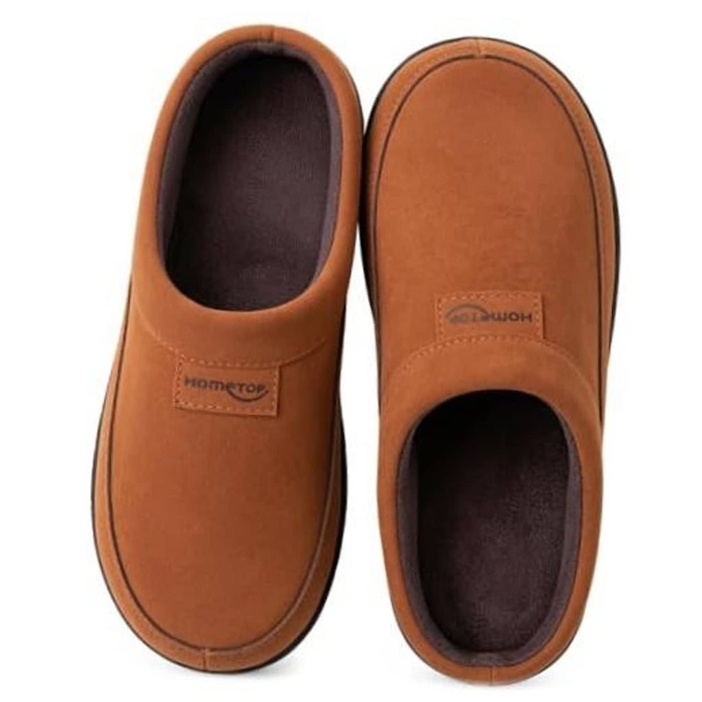 Tan men's moccasin slippers with plush lining and stitched logo patch, slip-on style