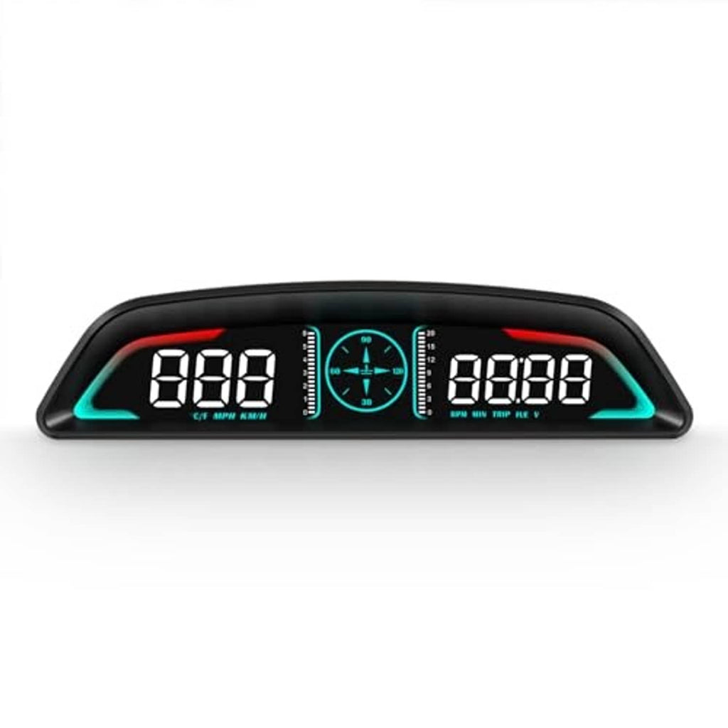 Car HUD speedometer with large digital readouts, center tachometer icon, black frame
