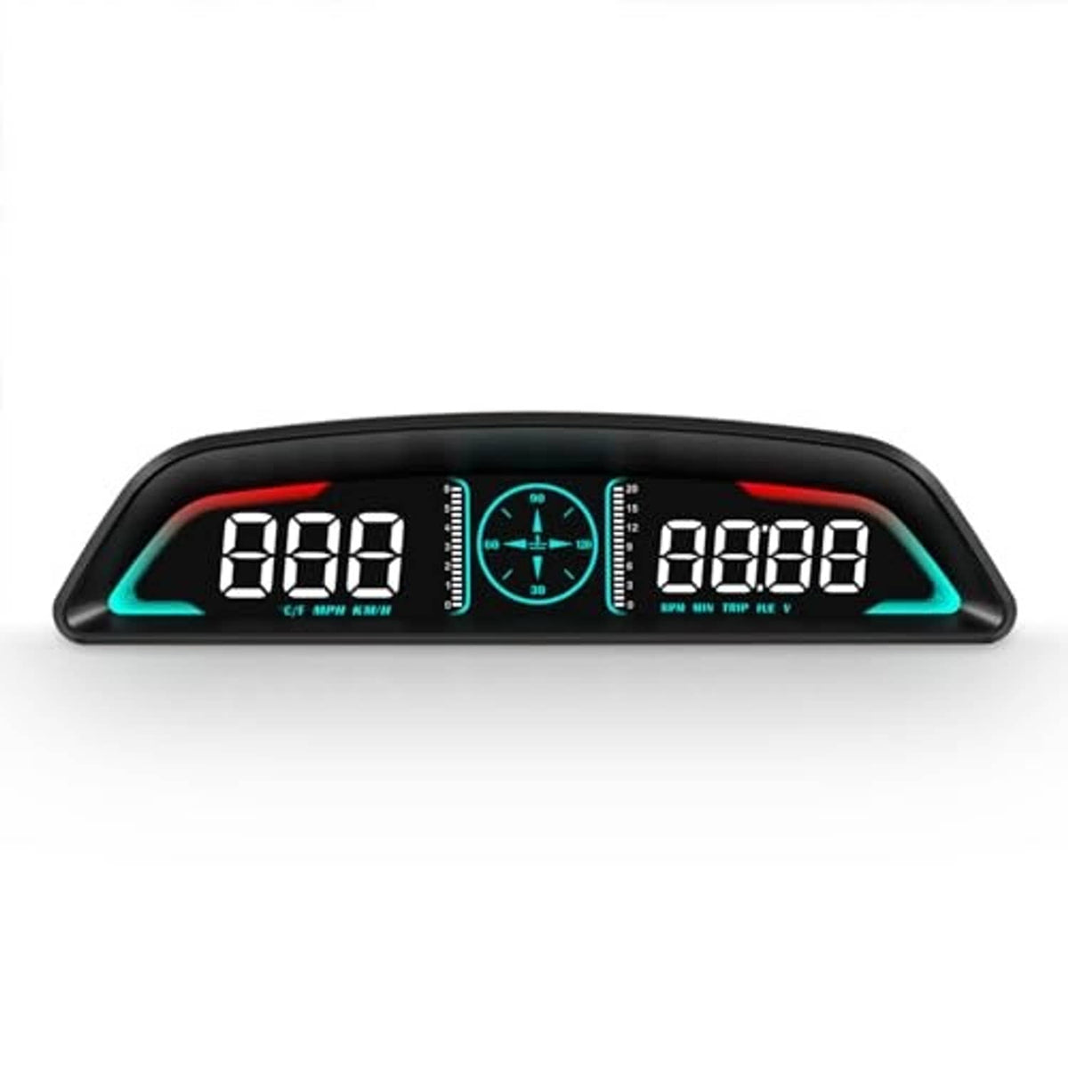 Car HUD speedometer with large digital readouts, center tachometer icon, black frame