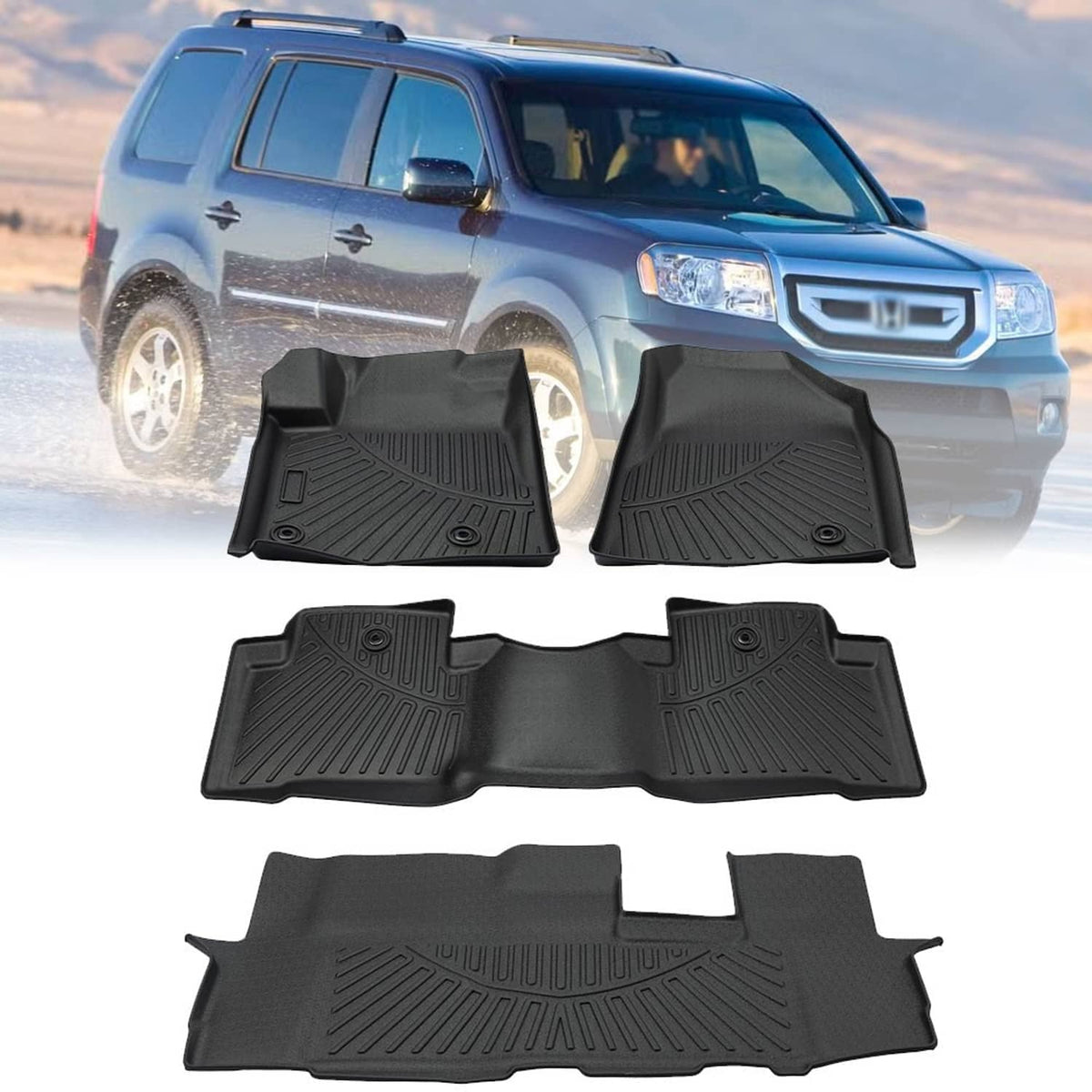 Black TPE car floor mat set, multiple pieces with textured channels and snap points
