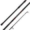 Two-piece black surf spinning fishing rod set with red accent wraps and guides