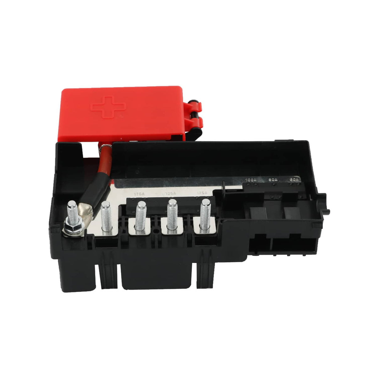 Battery distribution fuse block with red cover and black base, multiple bolt terminals