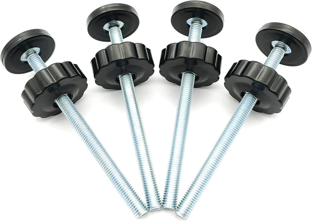 Threaded spindle rod hardware set: four rods with black base disks and bolts