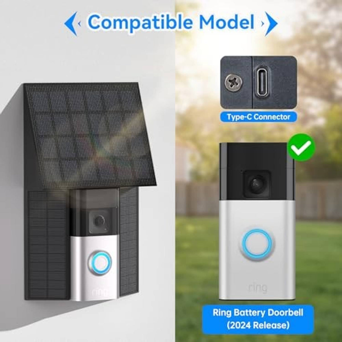 Solar charger with black solar panel and USB-C Type-C port, compact doorbell unit