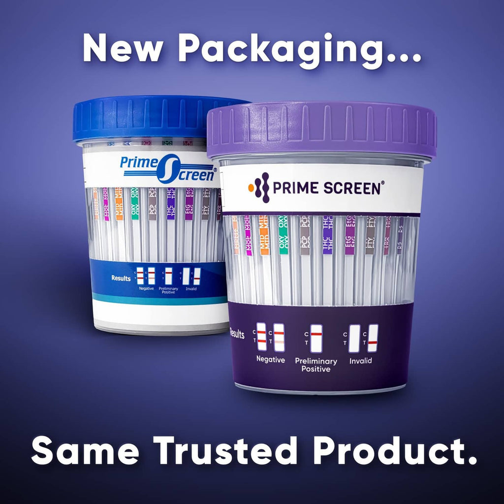 Multi-drug urine test cup kit showing two purple-lidded cups with result windows
