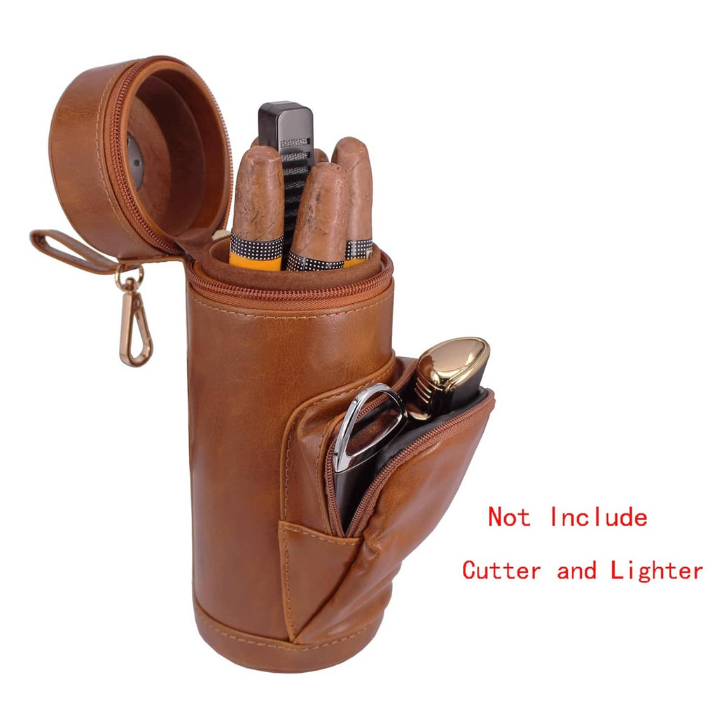 Brown leather cigar humidor case with open top and accessory compartments, shown with cigars
