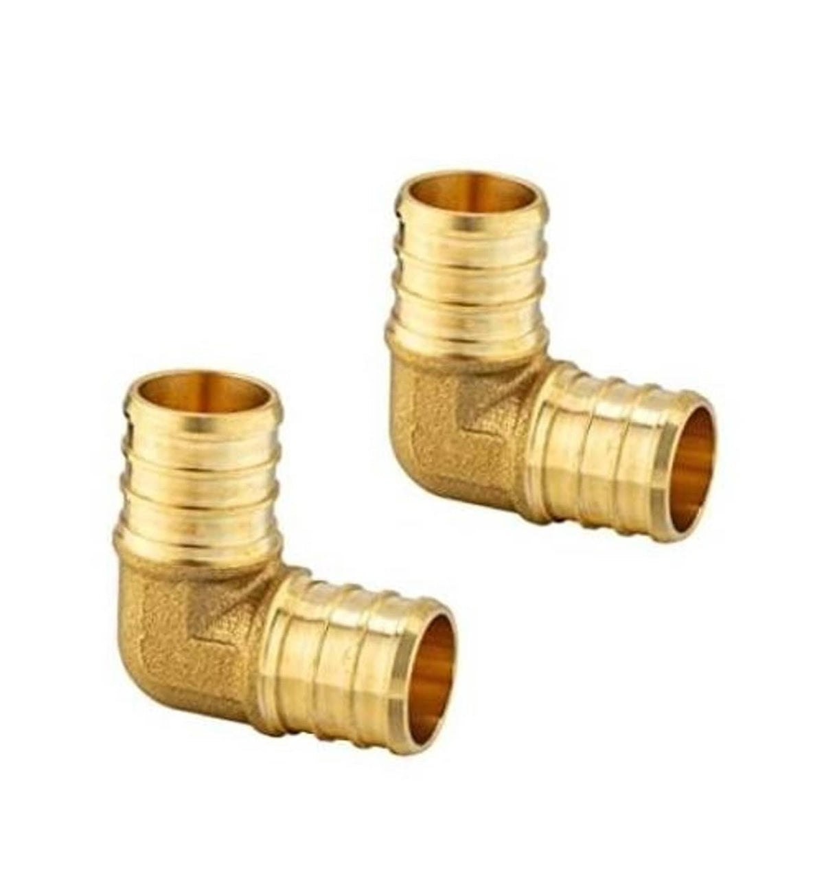 Brass 90-degree PEX elbow barb crimp fitting, pair shown with barbed ends