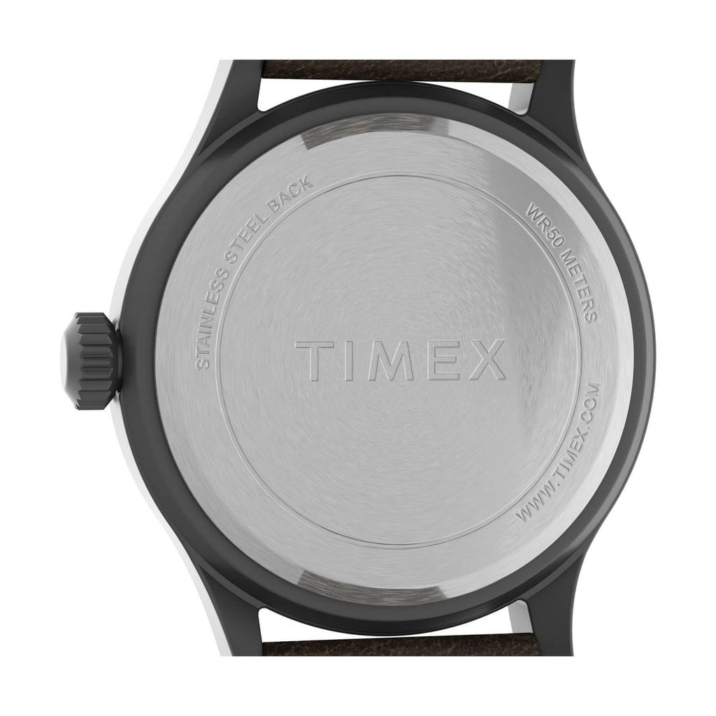 Close-up of Timex stainless-steel caseback with water-resistance markings