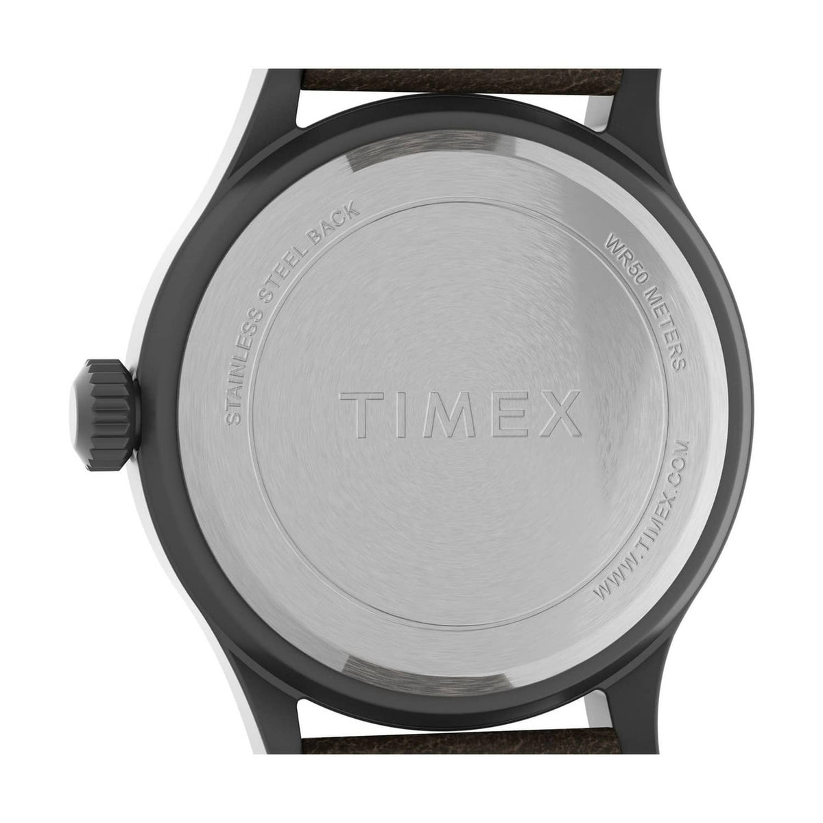 Close-up of Timex stainless-steel caseback with water-resistance markings
