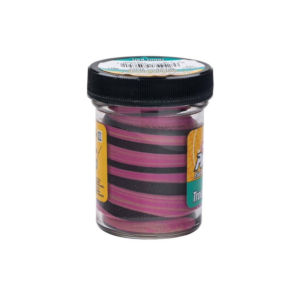 Scented fishing bait jar with black lid, pink and purple bands, label visible