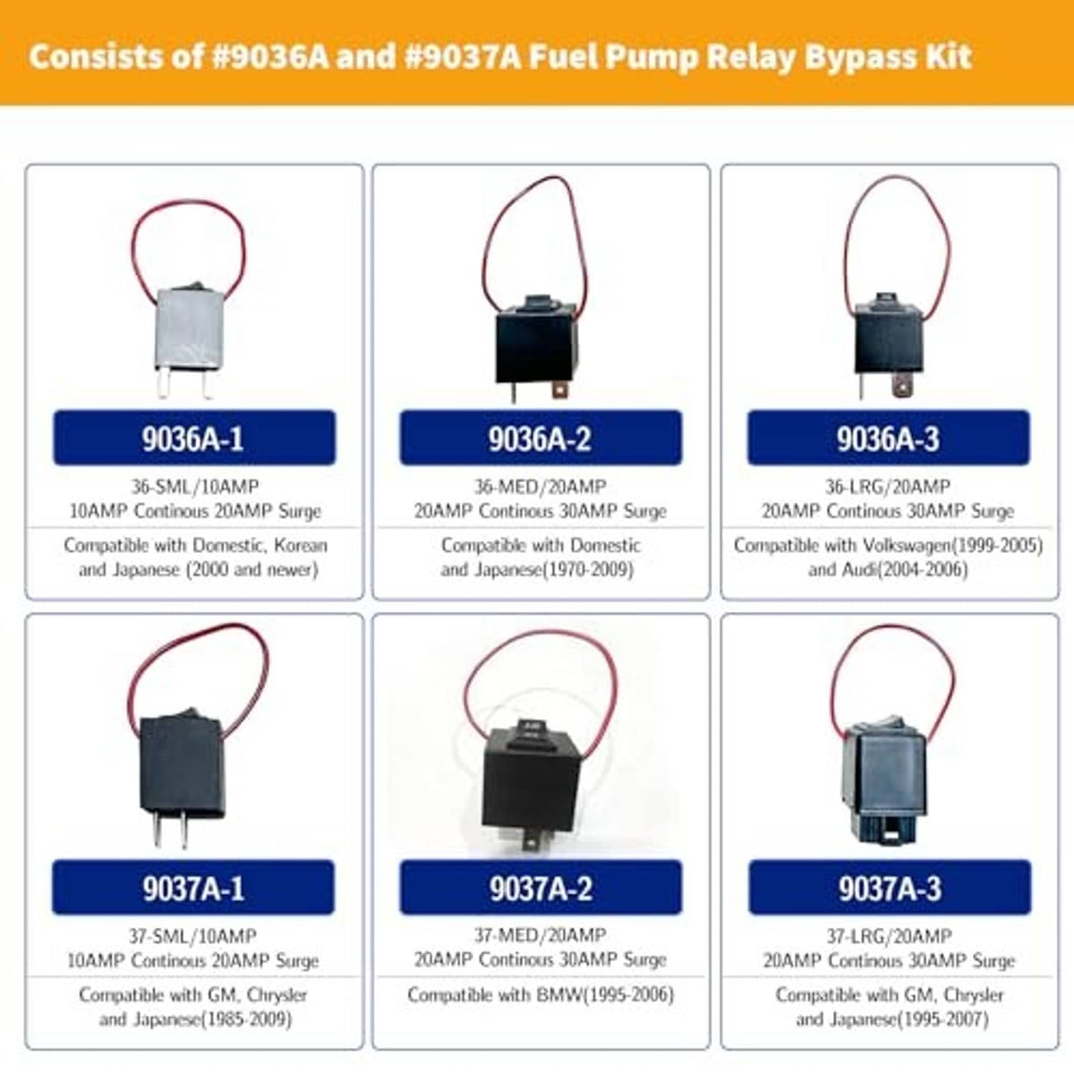 Relay bypass kit display cards showing 9036A and 9037A switch variants