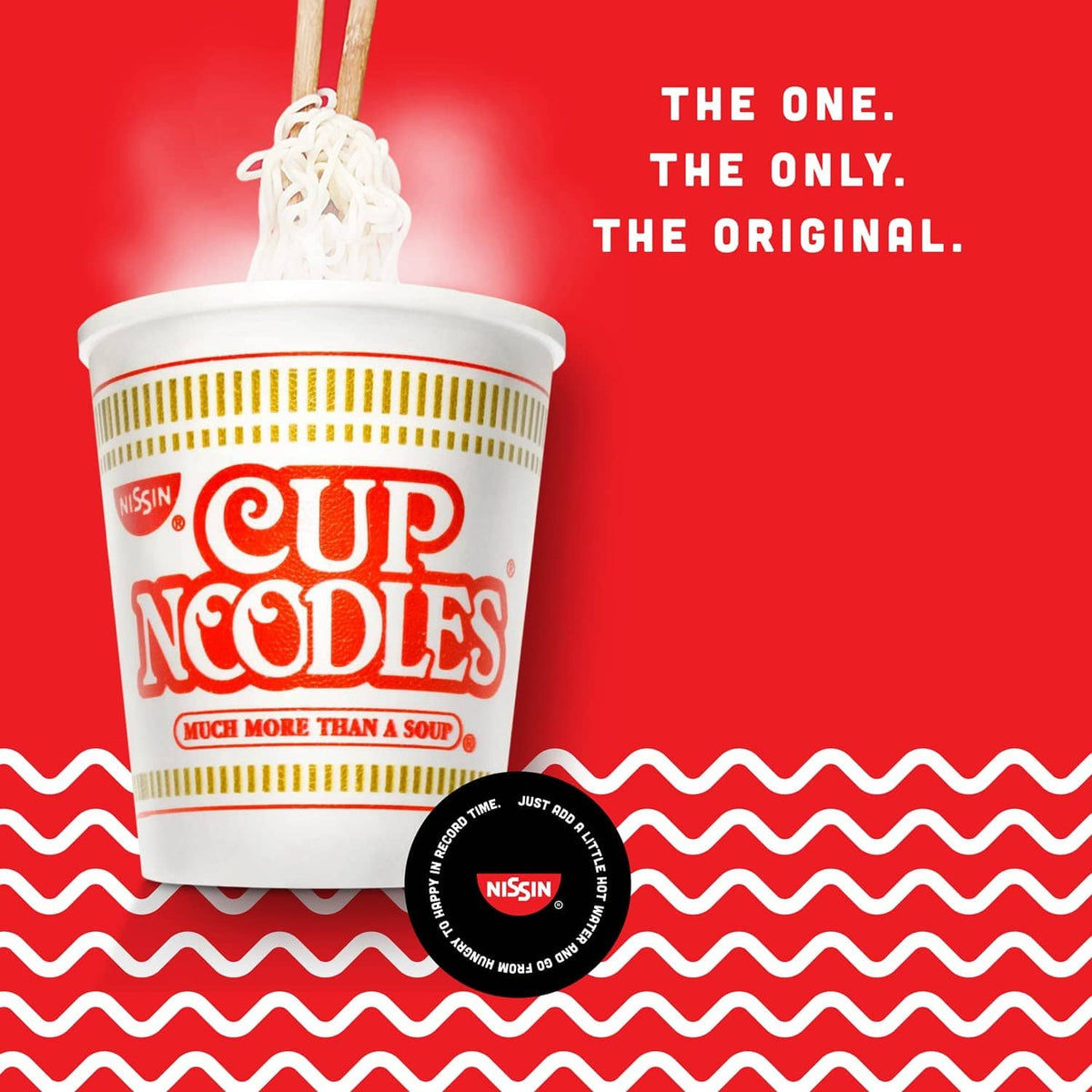 Nissin Cup Noodles chicken-flavor cup with steaming noodles, front logo