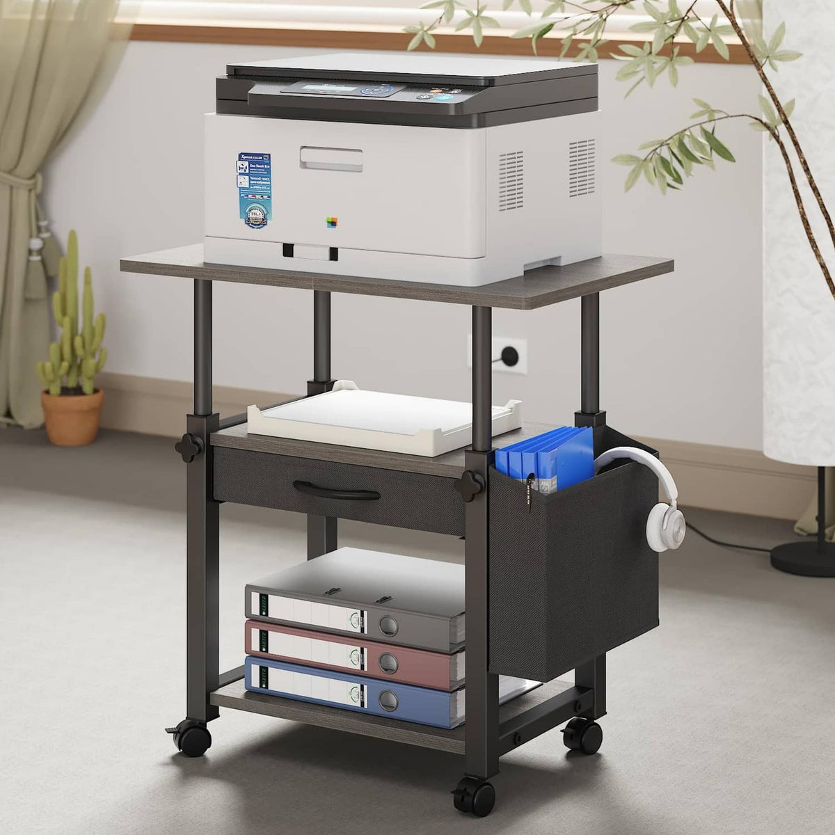 Gray 3-tier rolling printer stand cart with lower drawer and open storage shelves