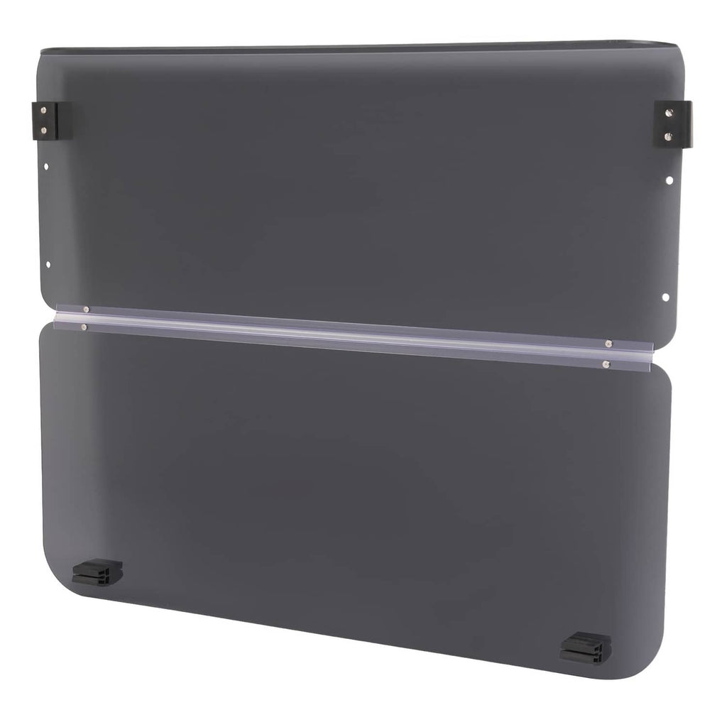 Tinted fold-down golf cart windshield in dark gray with hinge bar and side mounting brackets