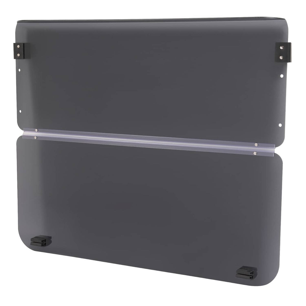 Tinted fold-down golf cart windshield in dark gray with hinge bar and side mounting brackets