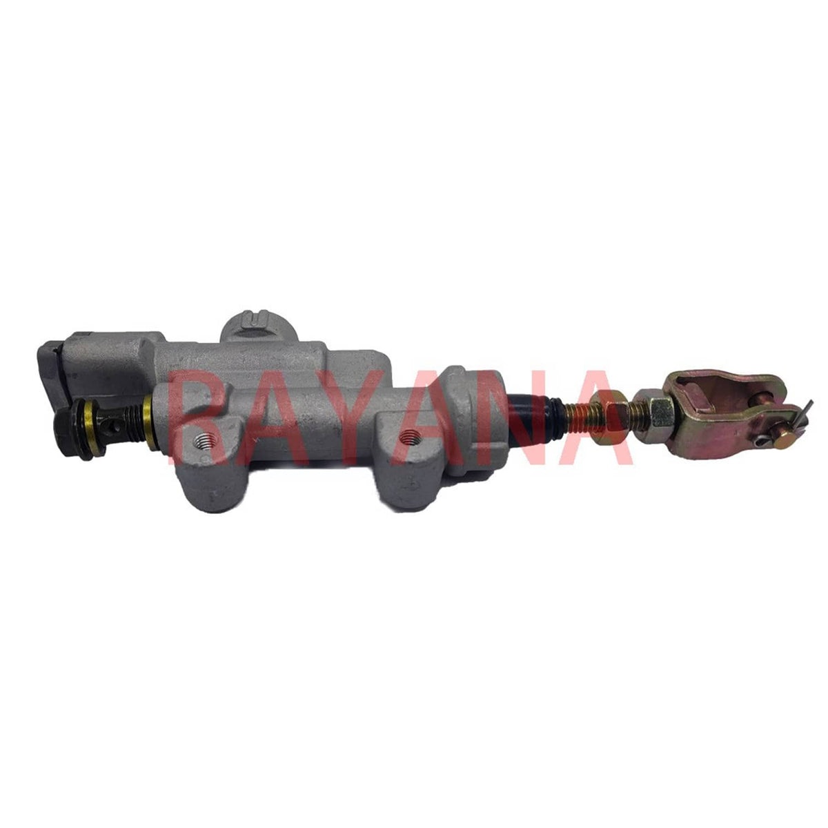 Brake master cylinder with lever rod and brake line connection, gray metal housing
