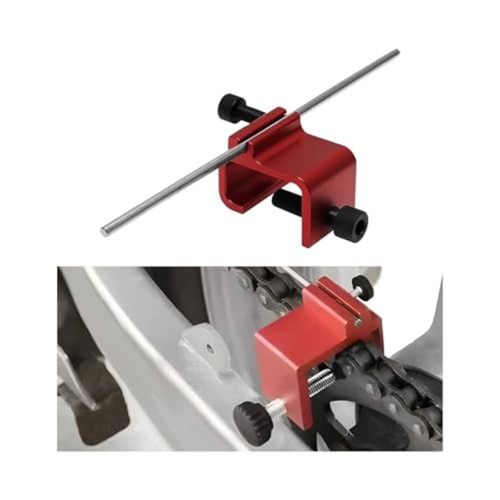 Red chain alignment tool with two long rods and black mounting knobs, close-up