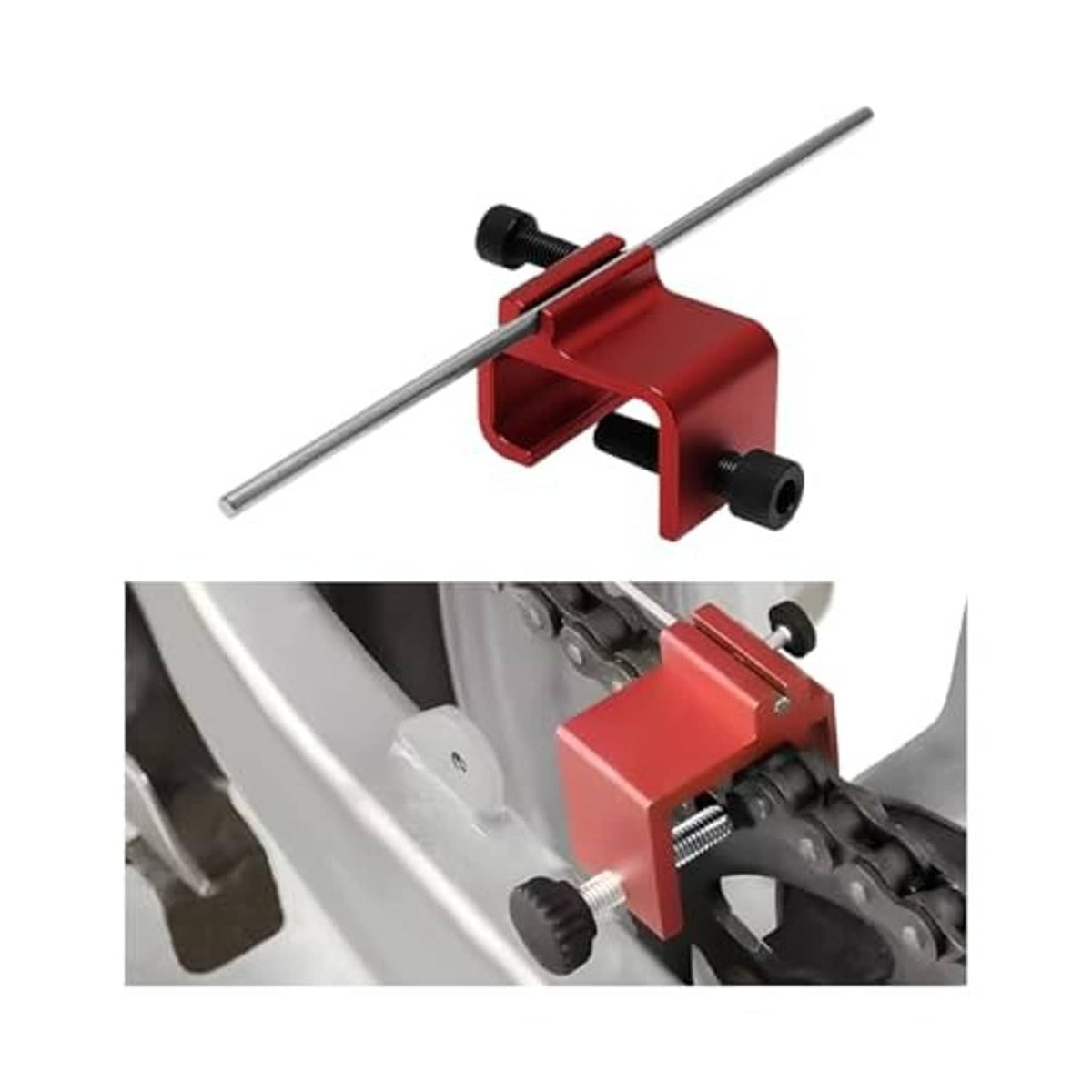 Red chain alignment tool with two long rods and black mounting knobs, close-up