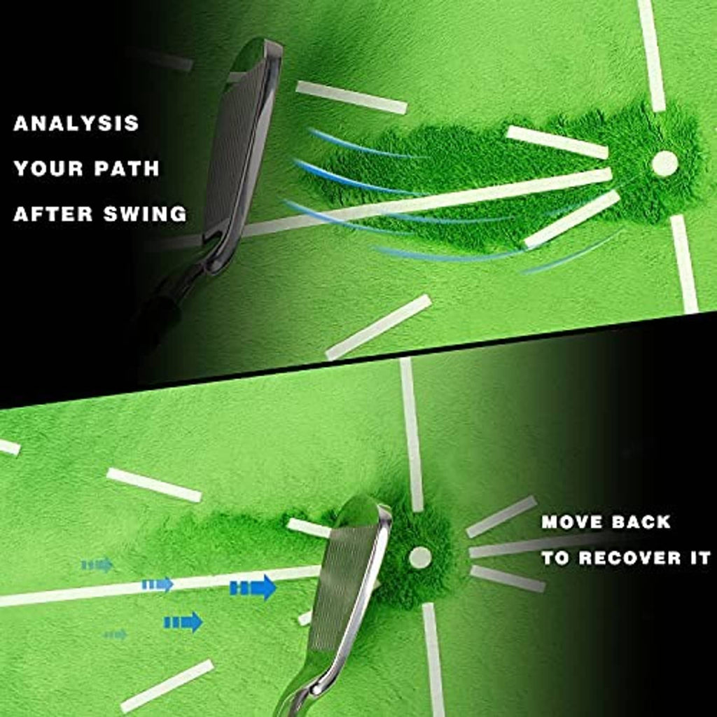 Green golf hitting mat with white guide lines and a golf club over the center target