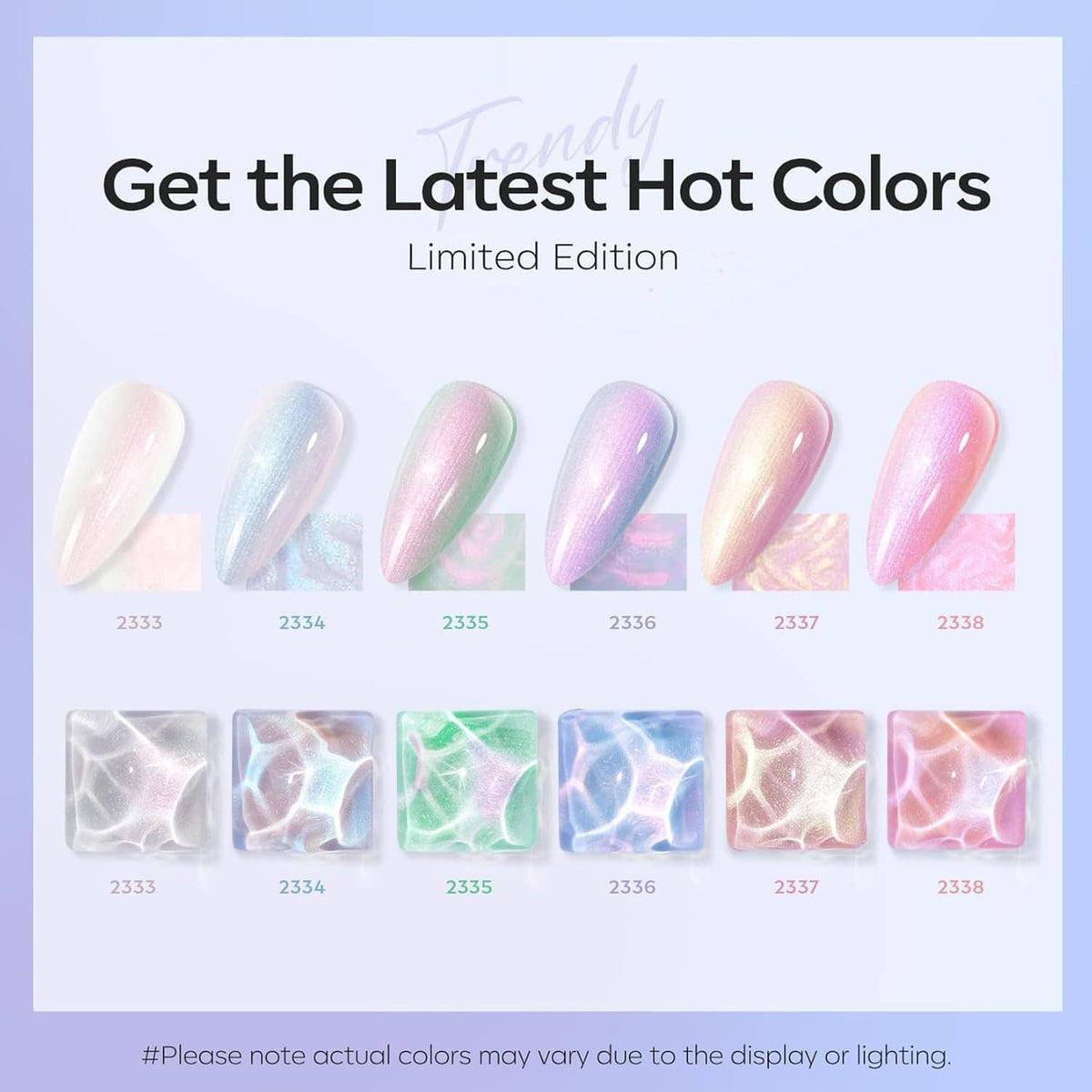 Pastel iridescent gel nail swatches with glossy shimmer in pink, lavender, and blue tones
