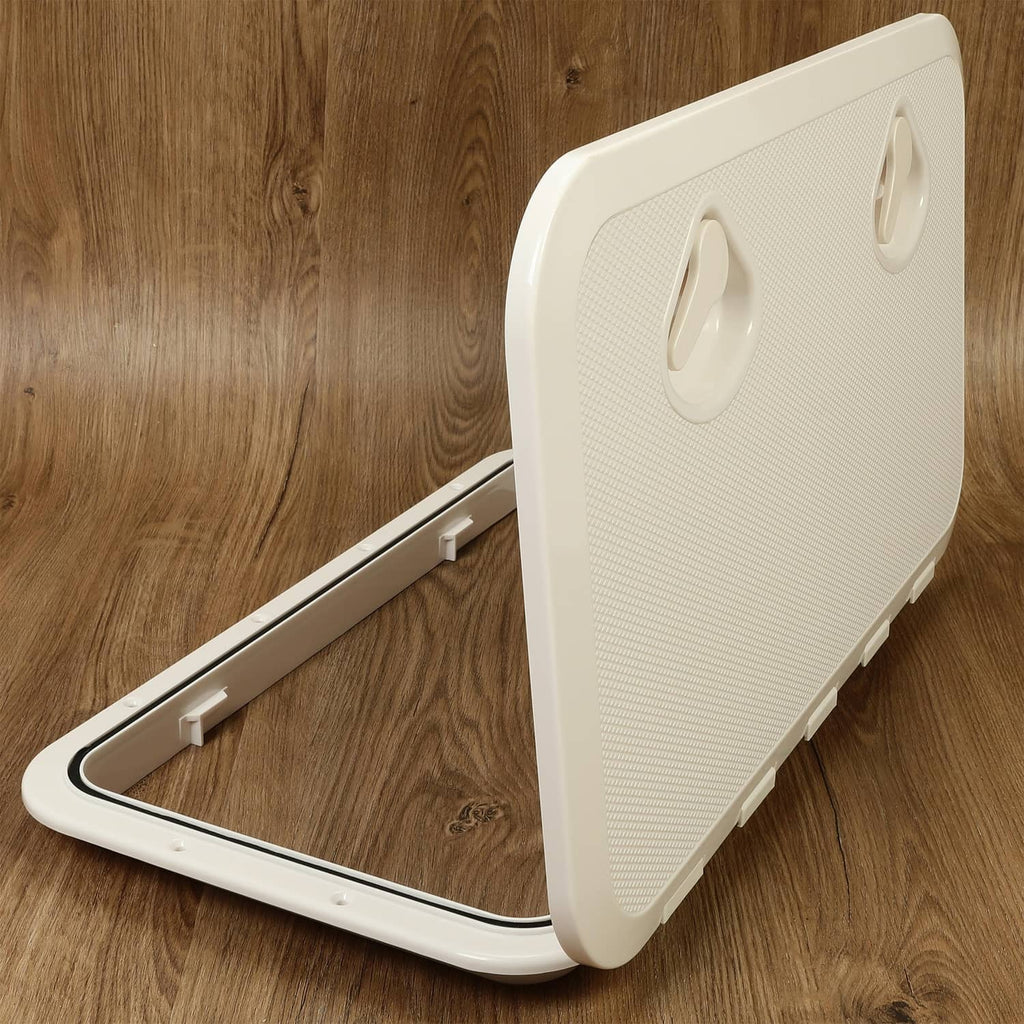 White hinged marine deck hatch with lid angled open and handle detail