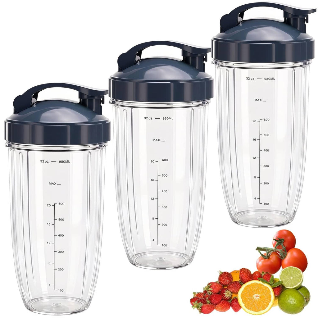 Set of 3 32oz blender replacement cups with flip-top dark lids