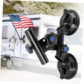 Black no-drill RV suction flag pole holder with dual cups and adjustable clamp on vehicle side