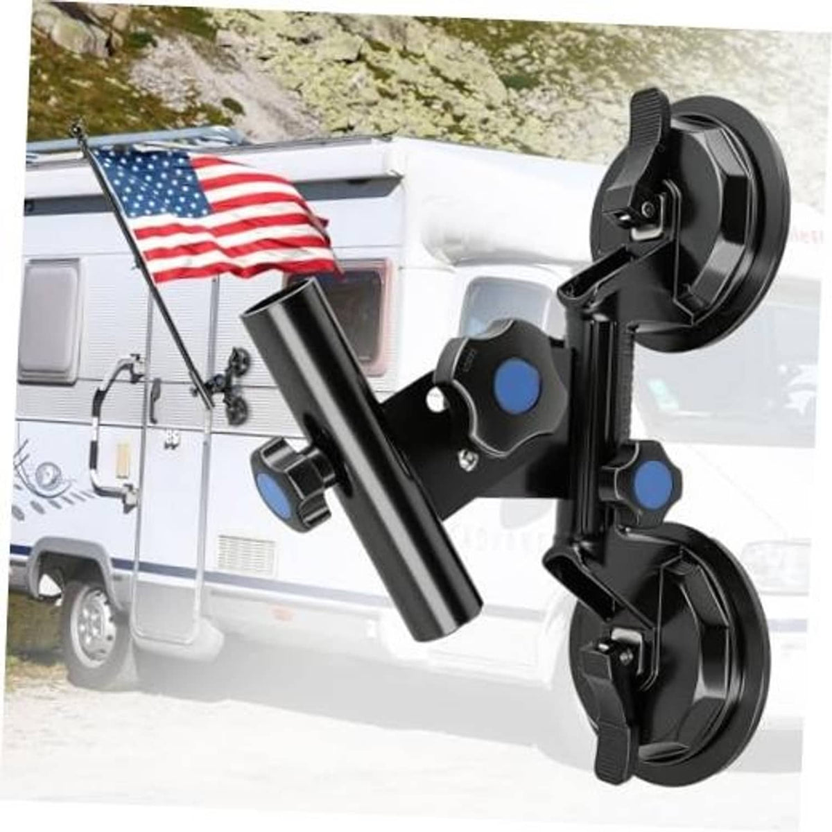 Black no-drill RV suction flag pole holder with dual cups and adjustable clamp on vehicle side
