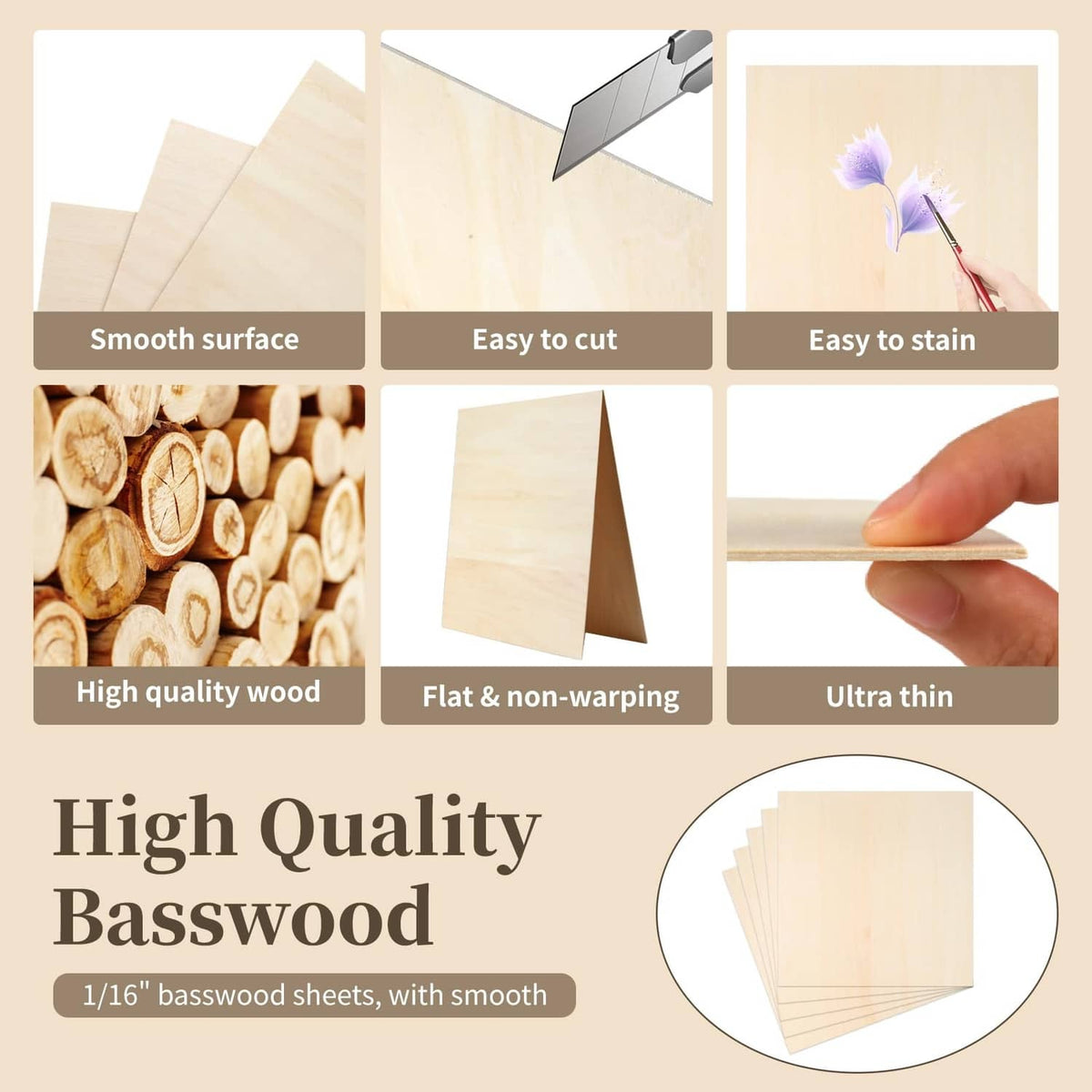 Stack of smooth, light basswood sheets for easy cutting and staining