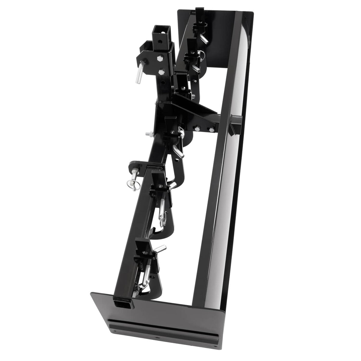 Tow-behind box scraper blade with three-point quick-hitch linkage and support bracket