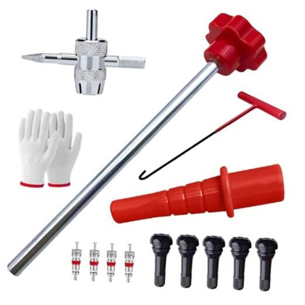 Tire valve tool kit with red core remover, T-hook, push rod, gloves, and valve cores