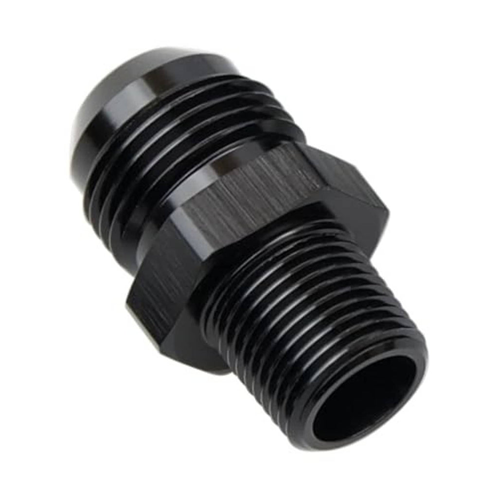 Black 10AN to 3/8 in NPT male union adapter fitting, angled view, dual external threads