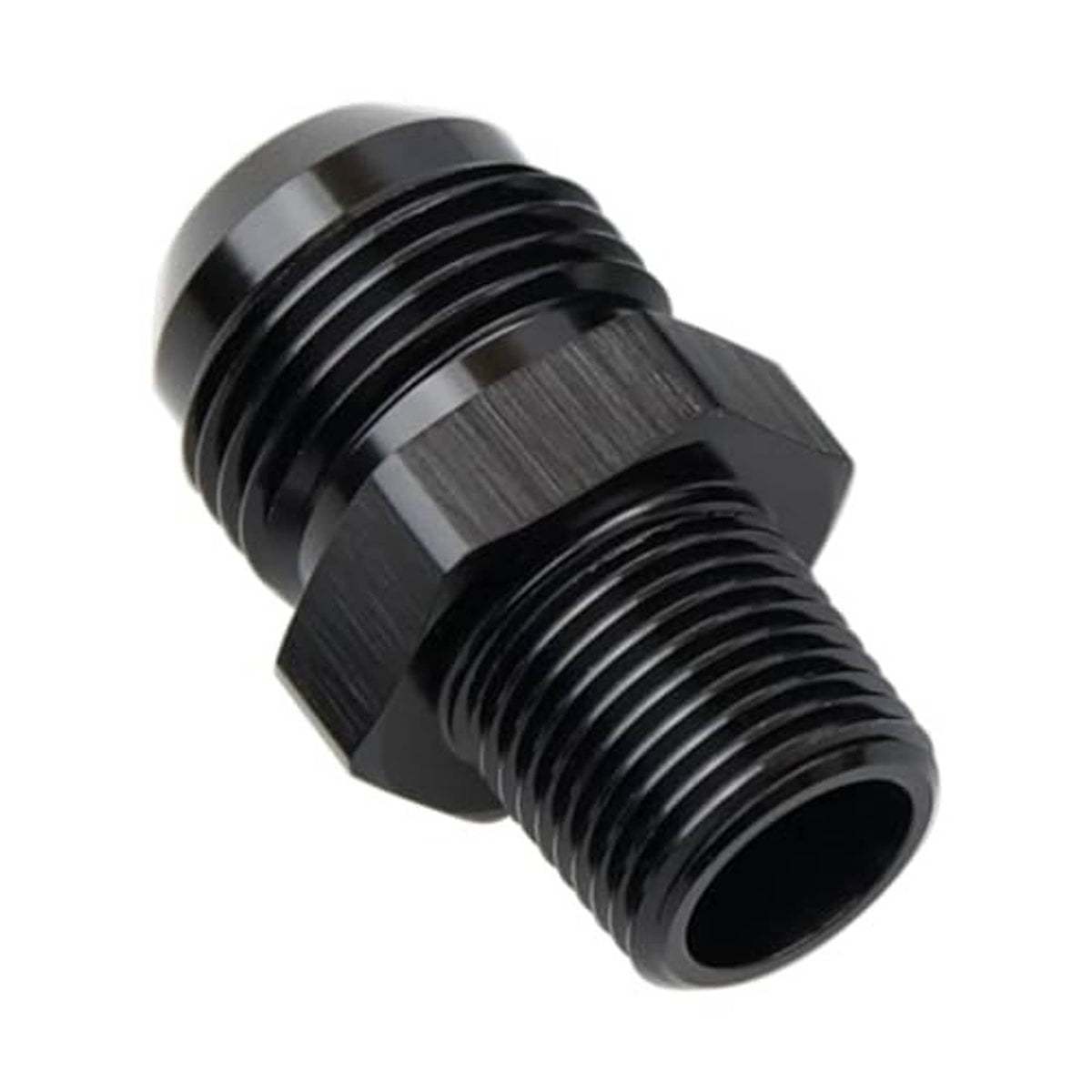 Black 10AN to 3/8 in NPT male union adapter fitting, angled view, dual external threads