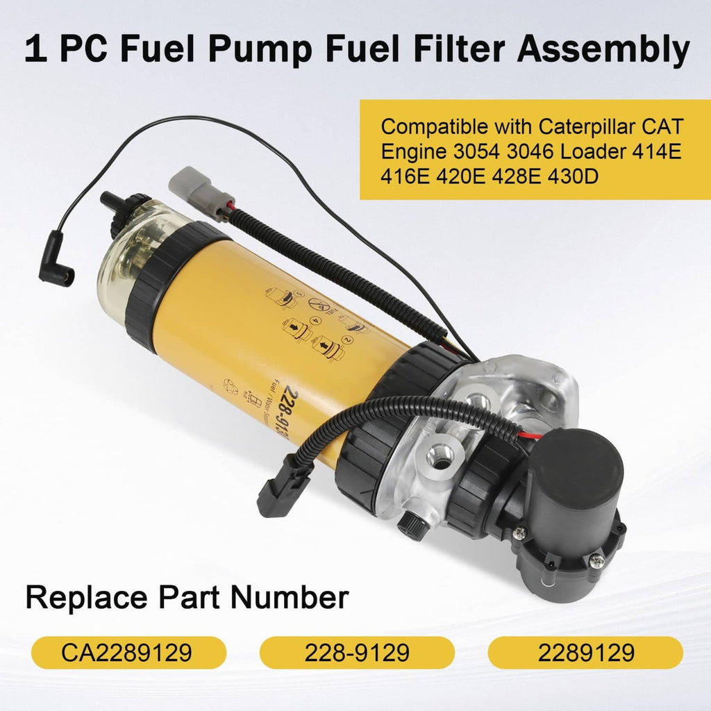 Fuel pump and filter assembly with yellow cylinder, black housing, and fuel inlet fittings