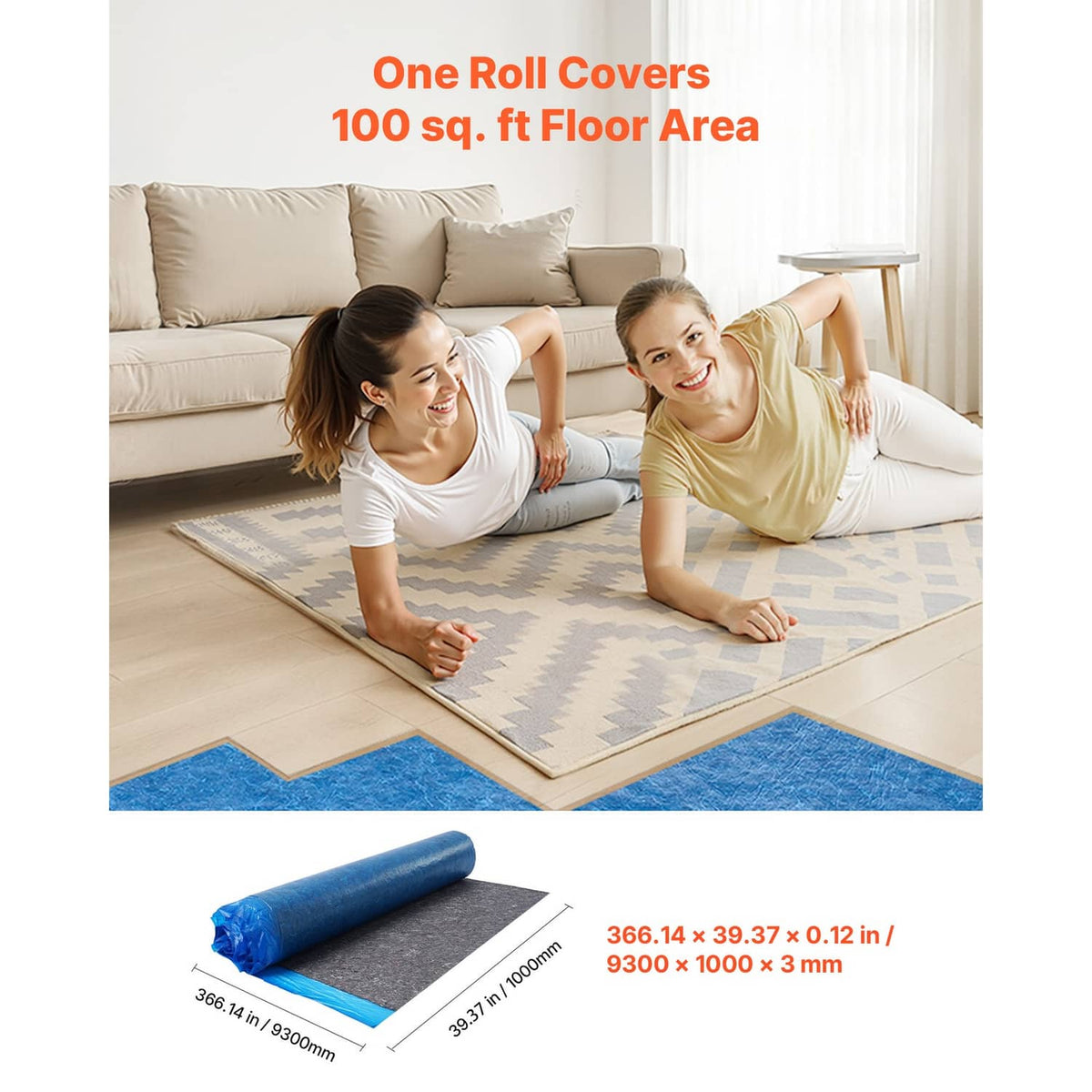 Blue and dark floor underlayment roll with folded sheet for 100 sq ft coverage